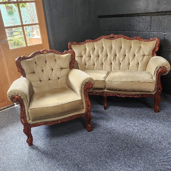 French
                baroque style sofa and armchair. Olive green velvet type
                fabric.